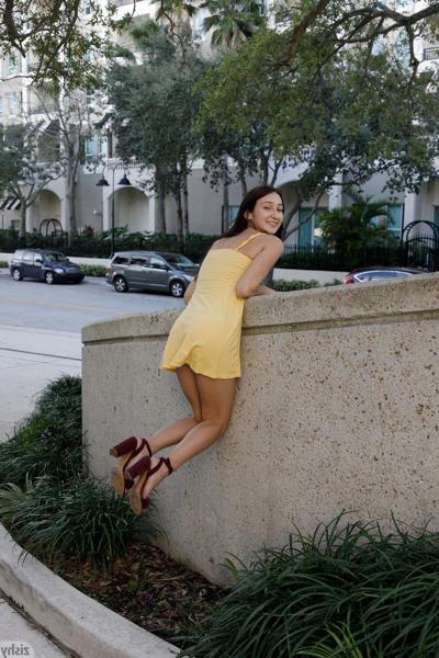 13P Brunette amateur babe Carmen Rae flashes her sweet cunt in public