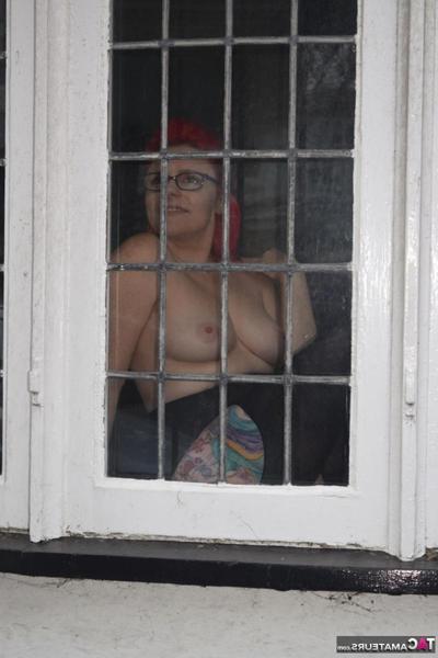 16P Overweight redhead gets naked while wearing glasses and crotchless pantyhose