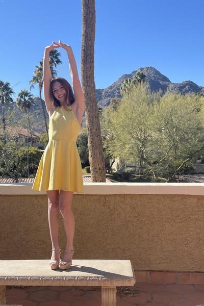 20P Glamorous beauty Myra posing pantyless in her yellow dress in public