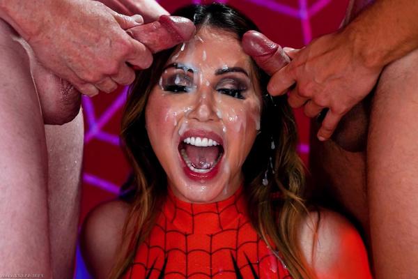 15P Asian chick Kianna Dior takes a couple of cumshots on her face at once