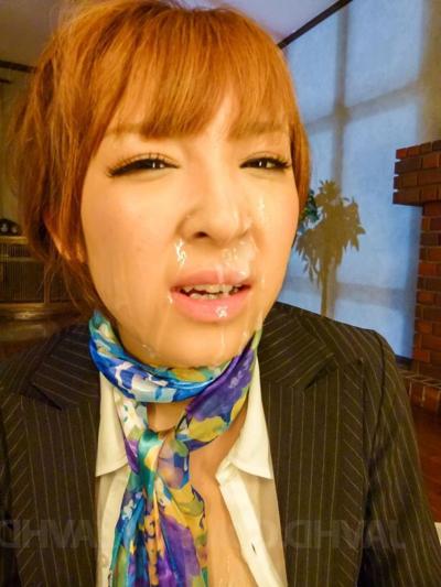16P Japanese redhead Hikaru Shiina receives facial cumshots during a blowbang