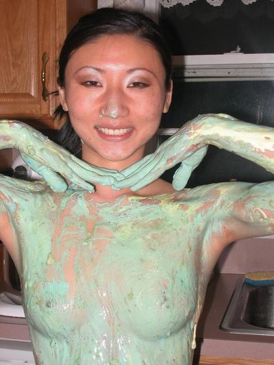20P Small titted Asian amateur Kiana Li gets her body messy in the kitchen