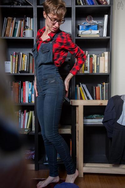 16P Skinny amateur Gretchen dresses herself among library stacks