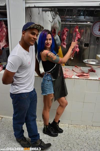 20P Kinky purple haired Colombian chick fucks a black dude at the meat market