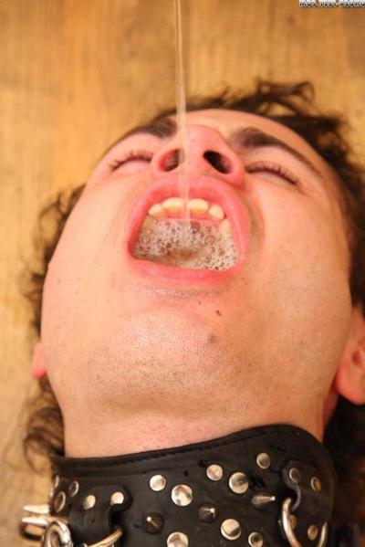 16P Dark haired chick Sasha Rose pisses into a submissive boy's wide-open mouth