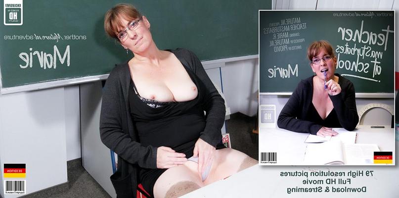 11P Mature teacher Marie R masturbates at her desk in glasses and red heels