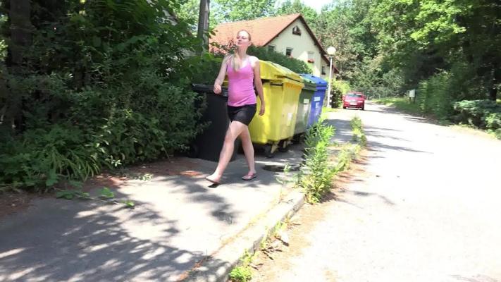 15P Blonde girl in need a piss squats on the sidewalk to empty her bladder