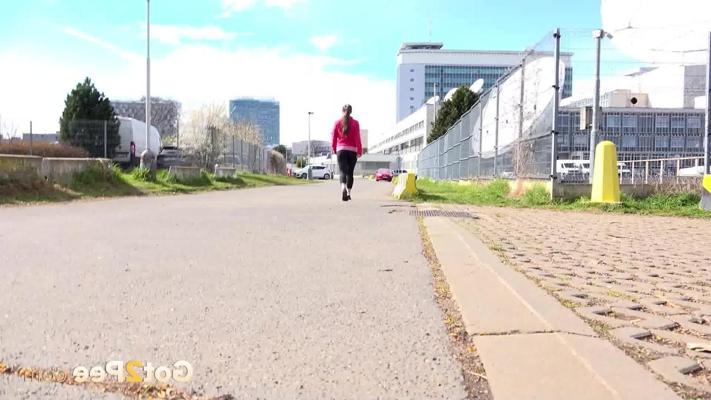13P Caucasian girl Valentina Ross takes an urgent piss on a pathway during the day