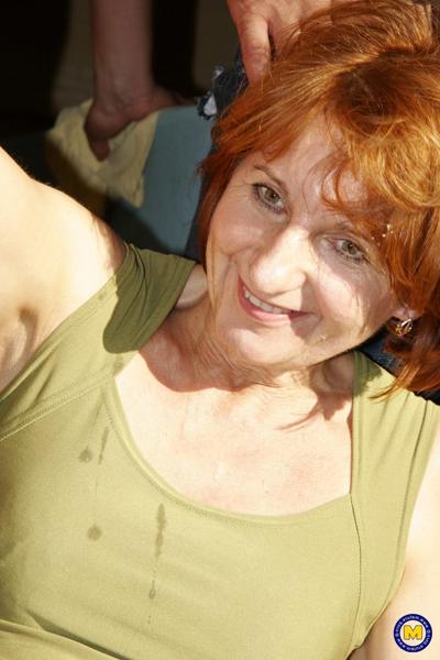 20P Mature European woman Yvonne blows off two teenage boys outdoors