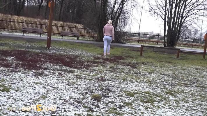 15P Blonde girl Licky Lex takes a pee on a snow-covered slide at a park