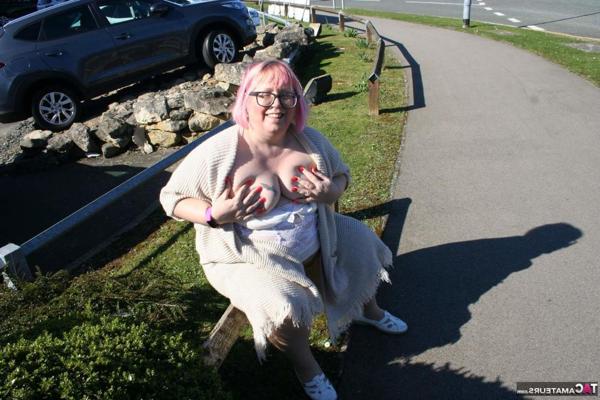16P Obese British woman Lexie Cummings shows her tits and ass in public places