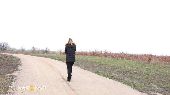 15P Fully clothed girl Naomi Bennet pulls down her pants to piss on a dirt road