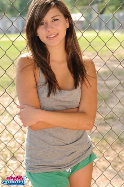 12P Sweet young Shyla Jennings in shorts flashing her perfect small tits in public
