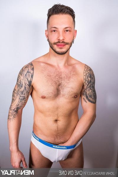 19P Tattooed gay Latino John Brachalli rubs his big dick & shows his booty