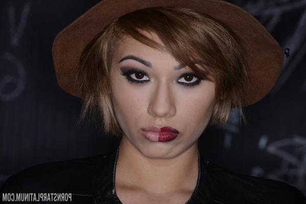 17P Sexy girl Aubrey Luna in hat smokes and lets guys see small tits