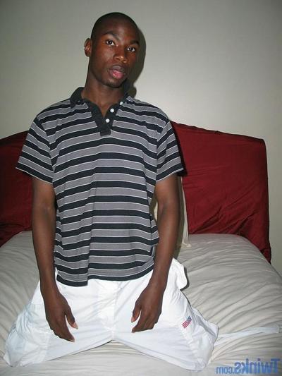 20P Ebony twink strips naked and jerks his shaved cock until he ejaculates