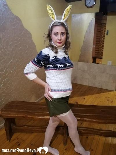 20P Amateur wife with bunny ears posing in her white nylon stockings