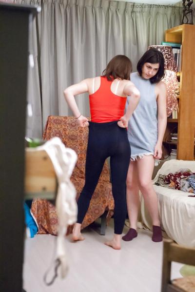 16P Hidden spy cam films amateurs Amber and Billie T pulling panties over asses