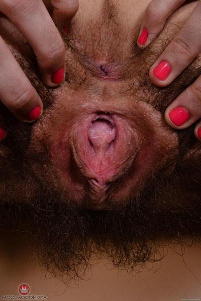 20P Sexy tattooed babe Pearl Sage spreads her very hairy pussy up close