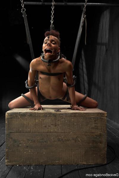 20P Bound ebony Nikki Darling on her knees getting toyed brutally in the dungeon