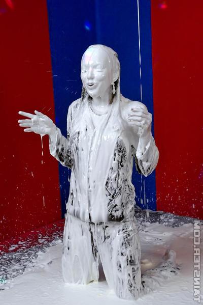 16P Pretty fully clothed fetish lady having some wet and messy fun