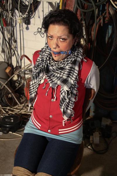 20P Clothed Czech MILF Steffi struggles while bound & ball-gagged in the garage