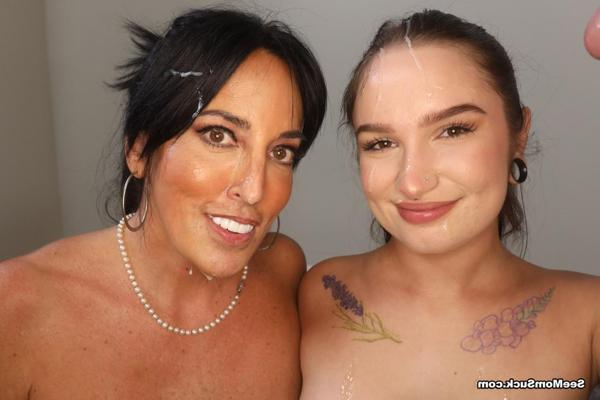 20P Sexy babe Bunny Fae & her naughty stepmom give a hung stud a double blowjob
