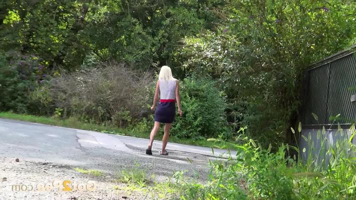 15P Petite blonde Debora squats for a piss on the side of a road while cars go by