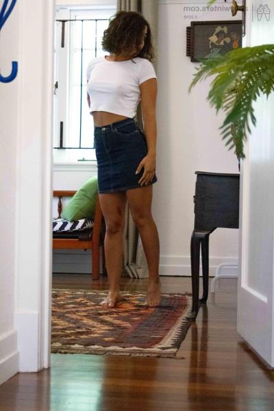 20P Skinny amateur teen Tilly B dresses in denim shorts and a white shirt