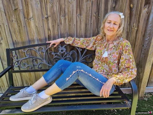 16P Old blonde woman Jacqueline goes nude on a blanket in socks and running shoes