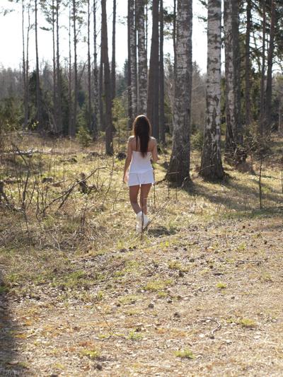18P All natural Lachia A strips to her boots to show her unshaven body in woods