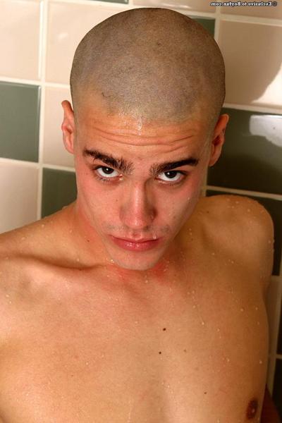 20P Shaven-headed gay teen boy Louden soaps and massages his dick in the shower