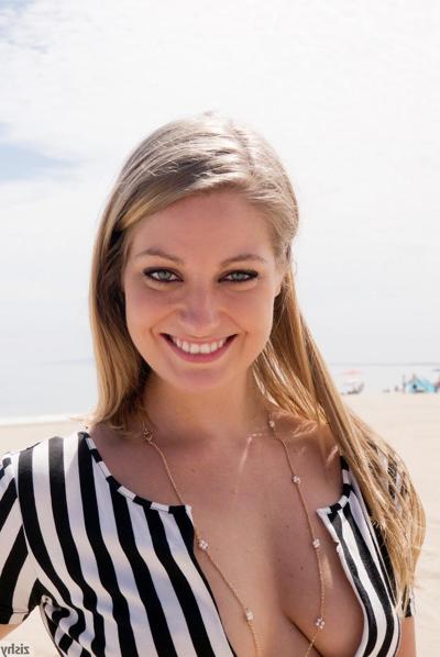 12P Hot girlfriend Veronica Weston posing in sexy black & white bodysuit in public