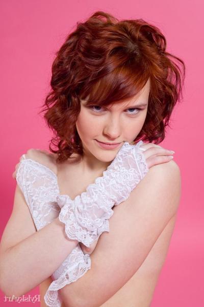 16P Pale redhead Anelie wears lace gloves while doffing sheer panties to pose nude