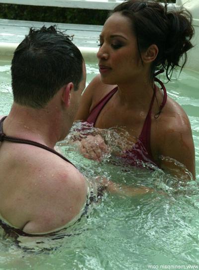 20P Busty femdom Mini bares her big tits during water play with her male sub