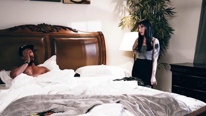 15P Tattooed brunette Charlotte Sartre has sex on a bed with her man friend