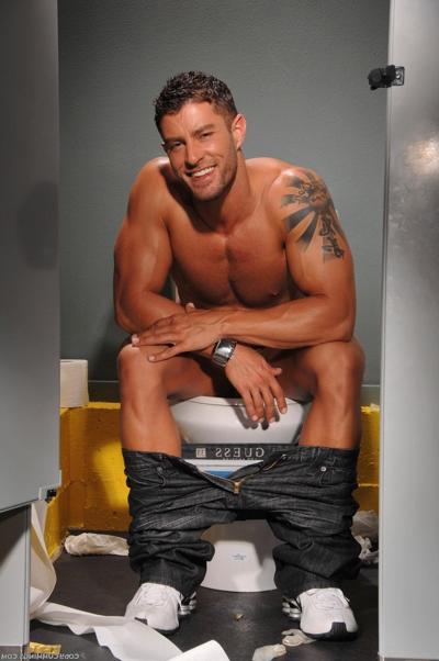 20P Muscular gay Cody Cummings strips naked & shows off his big dick in the toilet
