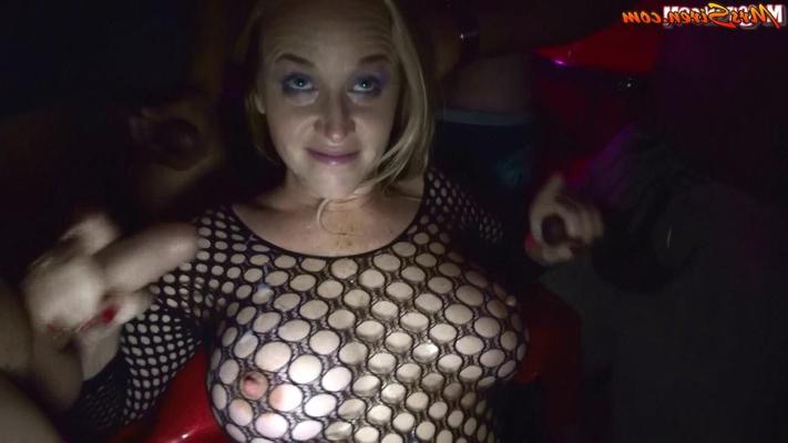 17P Blonde plumper Dee Siren tugs on cocks in a crotchless bodystocking