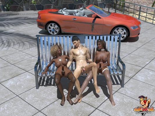 18P Animated trannies seduce and fuck a drunk man on an outdoor bench