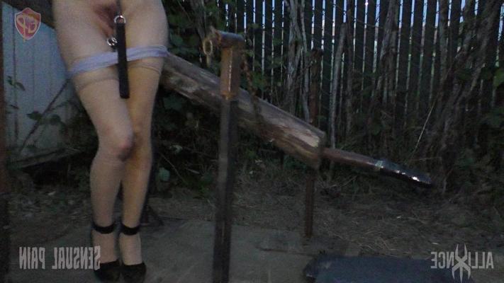 14P Female submissive Abigail Dupree is locked in a hole before being caned