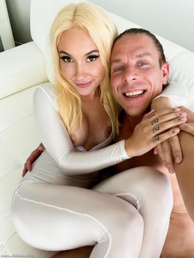 15P Sexy blonde Jazmin Luv unzips a white bodystocking during POV sex