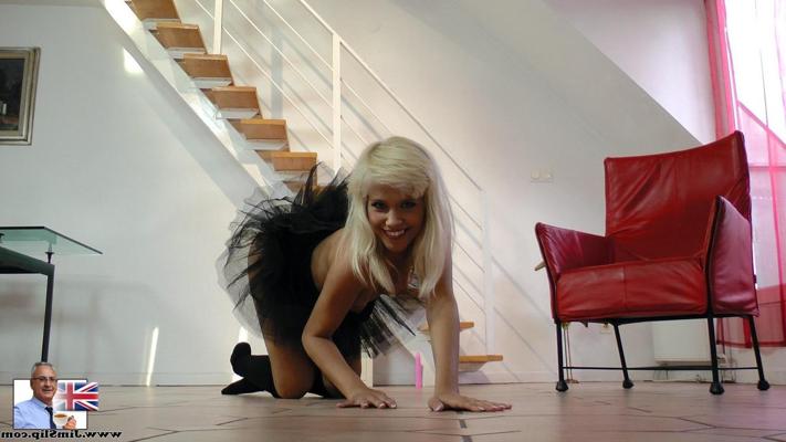 15P Charming blonde teen dildos her pussy in black tutu and OTK socks
