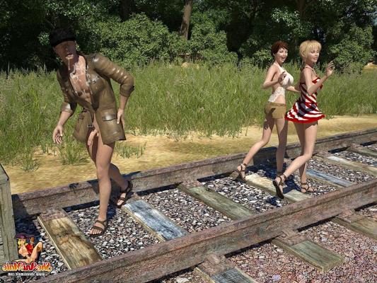 20P Horny cartoon shemales enjoying a hot FFM outdoor threesome on a rail line