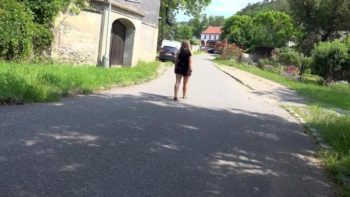 15P Blonde chick Jena Lovely takes a badly needed piss on a road during the day