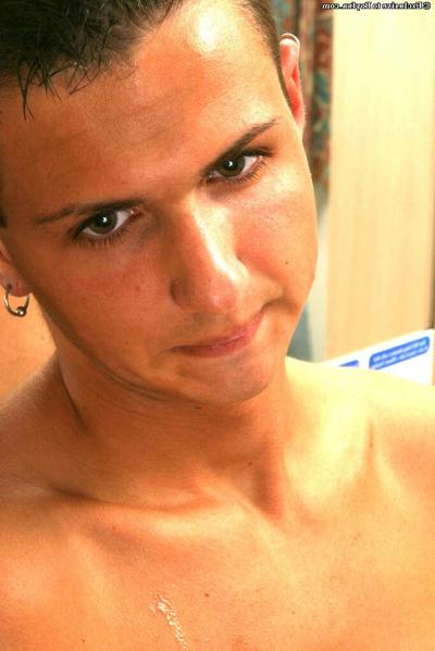 20P Sexy gay brunette Aidan Mikayla wanking his hard cock in front of the mirror