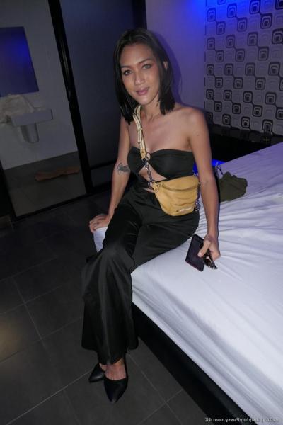 20P Brunette wife Ladyboy Soda toys herself before humping a stiff dick