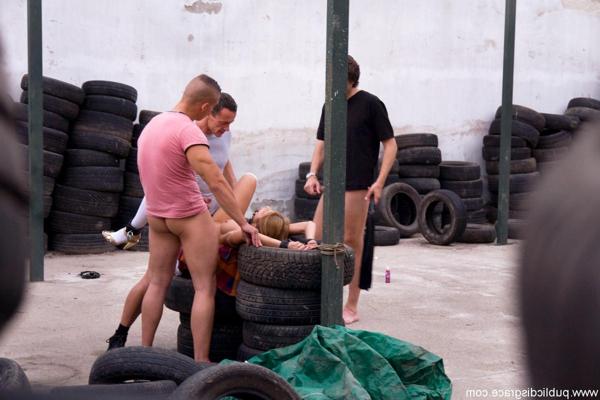 20P Slutty Romanian Jennifer Love gets fucked roughly in a public bondage 3some