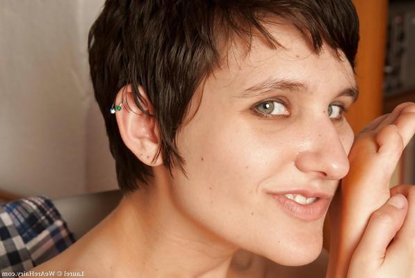 16P Filthy short haired babe doing upskirt and taking off her clothes