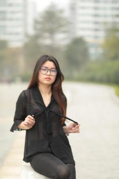 20P Pretty Asian girl with glasses Natalia posing in her black outfit in public