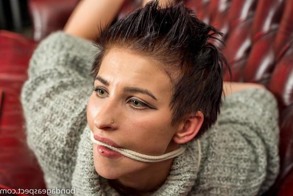 12P White girl Claudia is gagged and bound while wearing a sweater dress